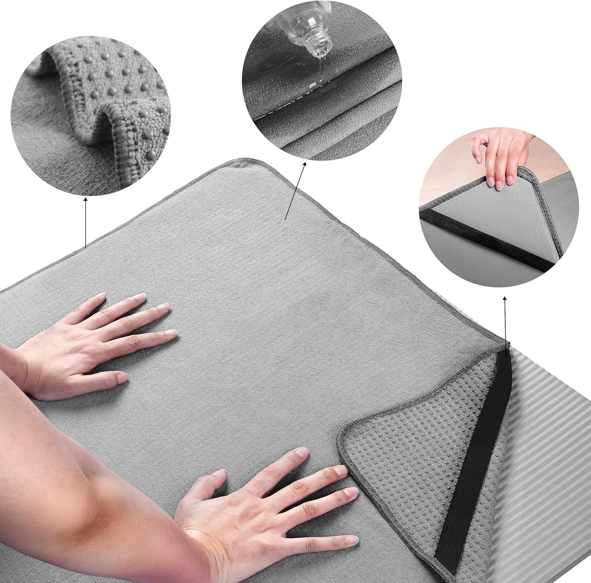 Microfiber Hot Yoga Towel Mat with Non-Slip Silicone Grip and Secure Fit Elastic Straps, 24 x 72 in (Purple)