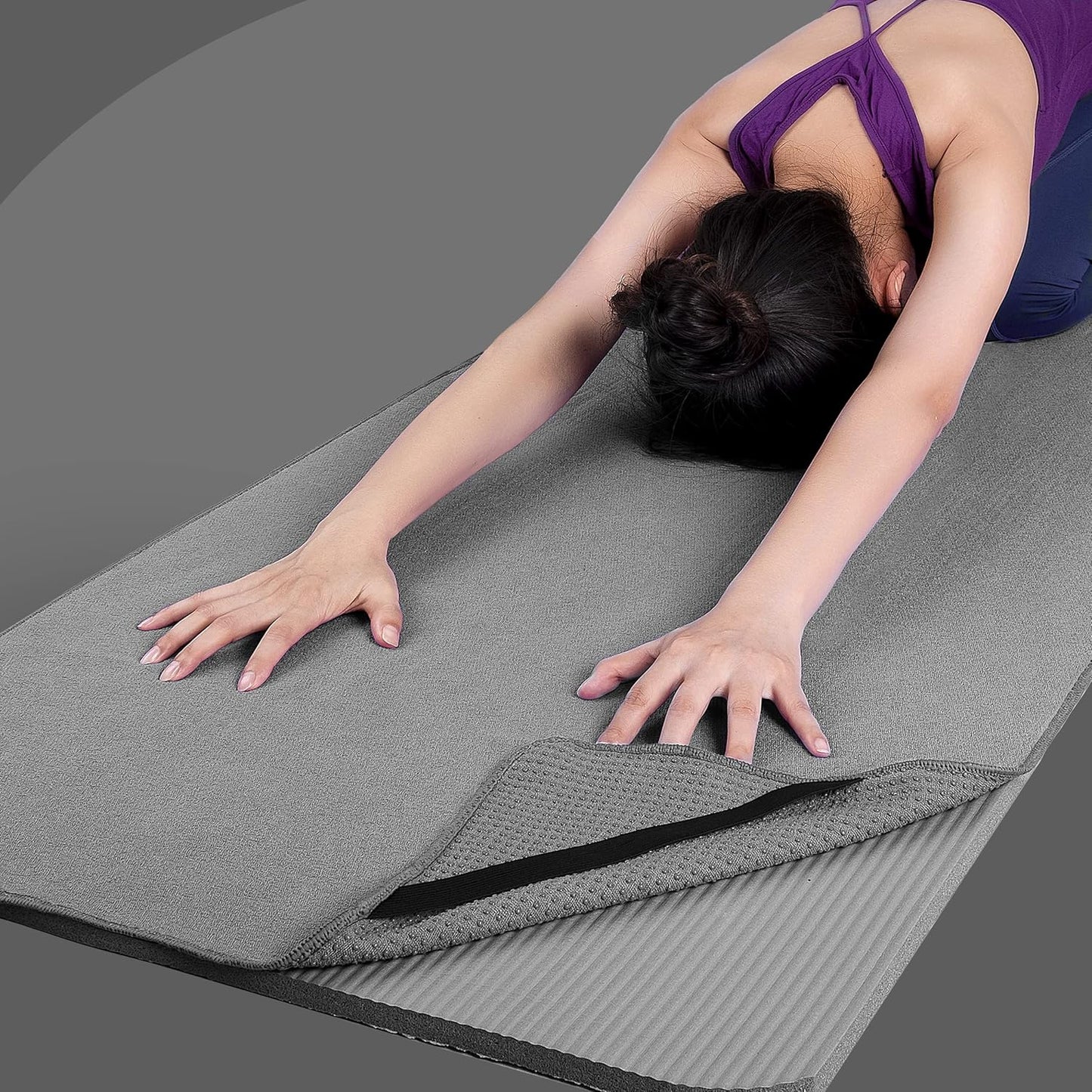 Microfiber Hot Yoga Towel Mat with Non-Slip Silicone Grip and Secure Fit Elastic Straps, 24 x 72 in (Purple)