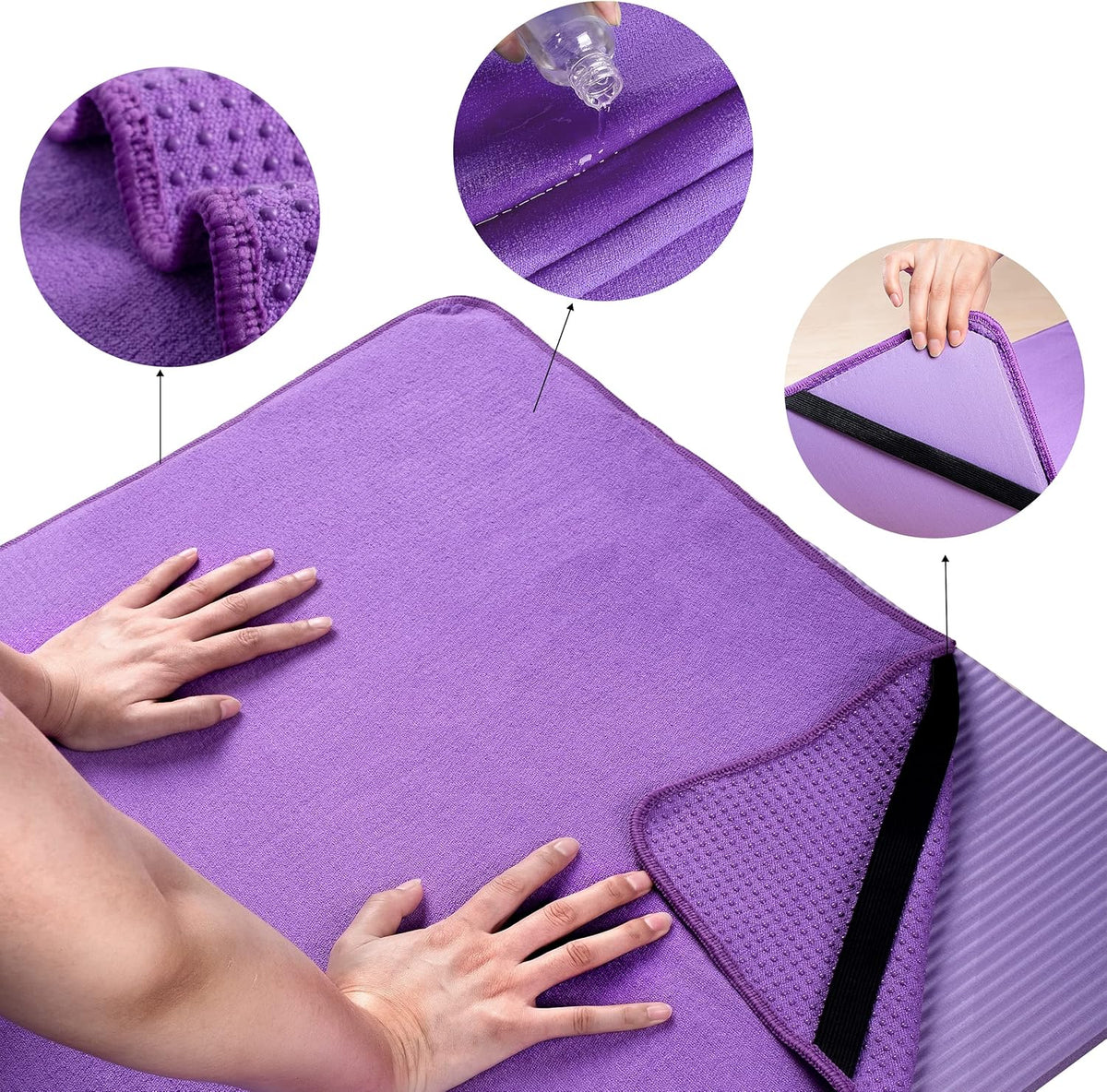 Microfiber Hot Yoga Towel Mat with Non-Slip Silicone Grip and Secure Fit Elastic Straps, 24 x 72 in (Purple)