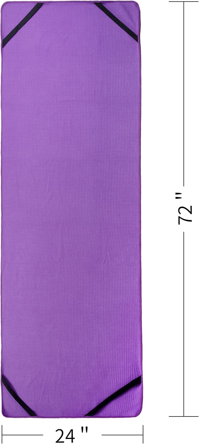 Microfiber Hot Yoga Towel Mat with Non-Slip Silicone Grip and Secure Fit Elastic Straps, 24 x 72 in (Purple)