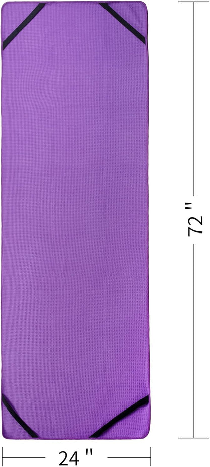 Microfiber Hot Yoga Towel Mat with Non-Slip Silicone Grip and Secure Fit Elastic Straps, 24 x 72 in (Purple)