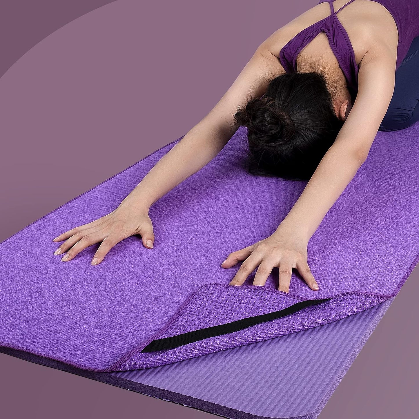 Microfiber Hot Yoga Towel Mat with Non-Slip Silicone Grip and Secure Fit Elastic Straps, 24 x 72 in (Purple)