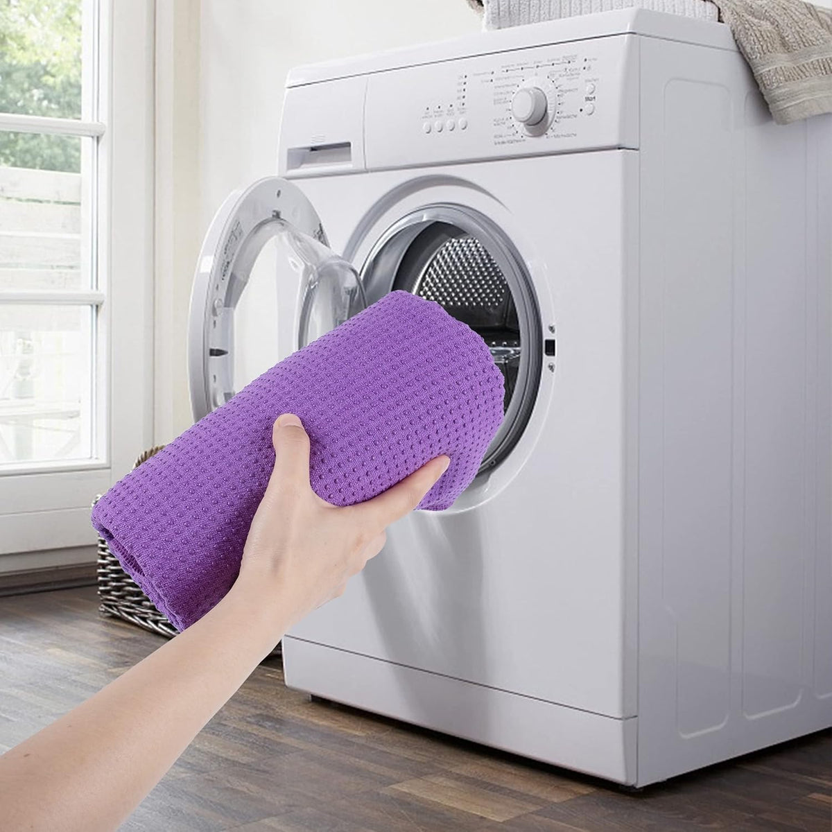 Microfiber Hot Yoga Towel Mat with Non-Slip Silicone Grip and Secure Fit Elastic Straps, 24 x 72 in (Purple)
