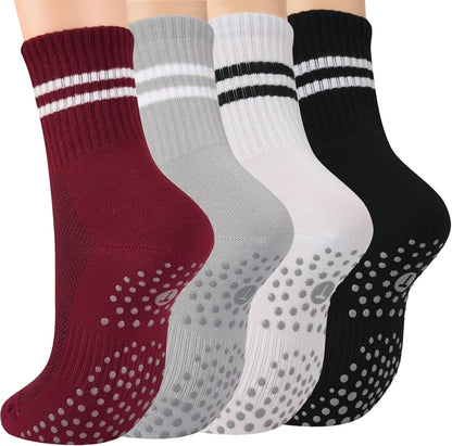 Pilates Socks for Women with Non Slip Grippers, Yoga Crew Socks for Barre Hospital Sticky Slipper Socks 4 Pairs