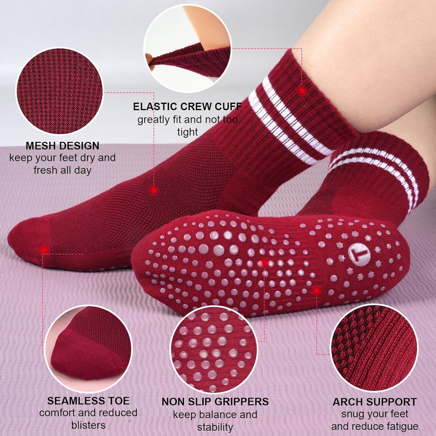 Pilates Socks for Women with Non Slip Grippers, Yoga Crew Socks for Barre Hospital Sticky Slipper Socks 4 Pairs