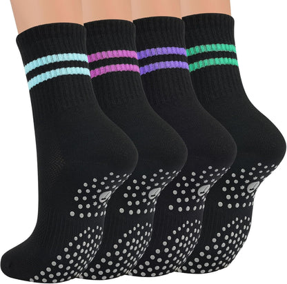 Pilates Socks for Women with Non Slip Grippers, Yoga Crew Socks for Barre Hospital Sticky Slipper Socks 4 Pairs