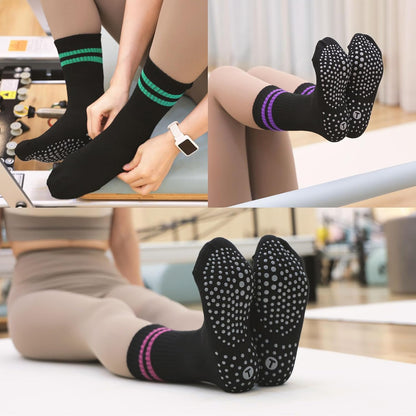 Pilates Socks for Women with Non Slip Grippers, Yoga Crew Socks for Barre Hospital Sticky Slipper Socks 4 Pairs
