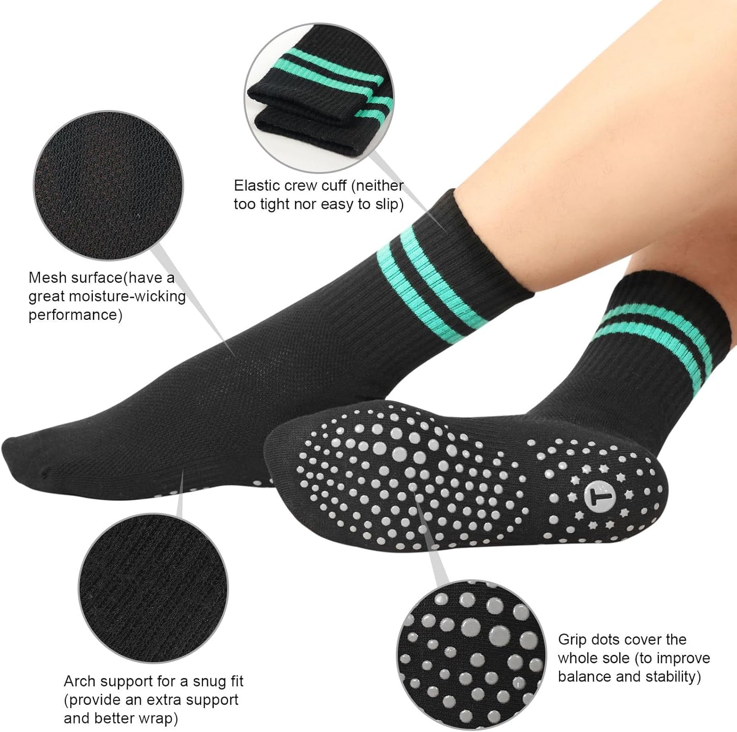 Pilates Socks for Women with Non Slip Grippers, Yoga Crew Socks for Barre Hospital Sticky Slipper Socks 4 Pairs