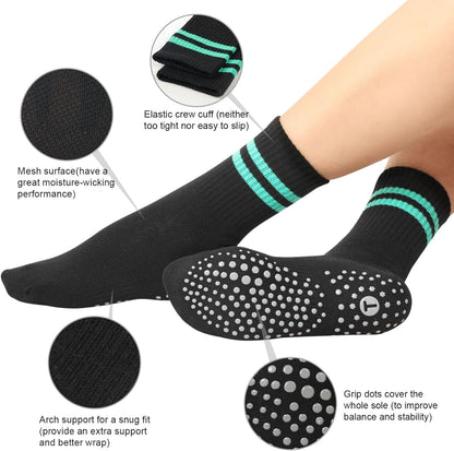 Pilates Socks for Women with Non Slip Grippers, Yoga Crew Socks for Barre Hospital Sticky Slipper Socks 4 Pairs