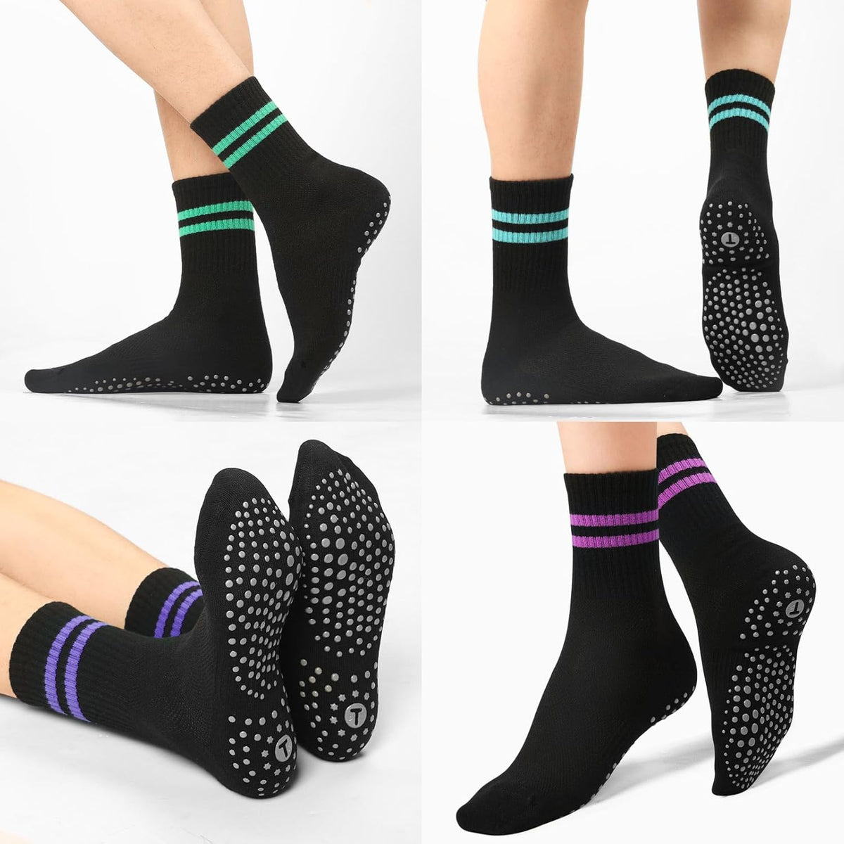 Pilates Socks for Women with Non Slip Grippers, Yoga Crew Socks for Barre Hospital Sticky Slipper Socks 4 Pairs