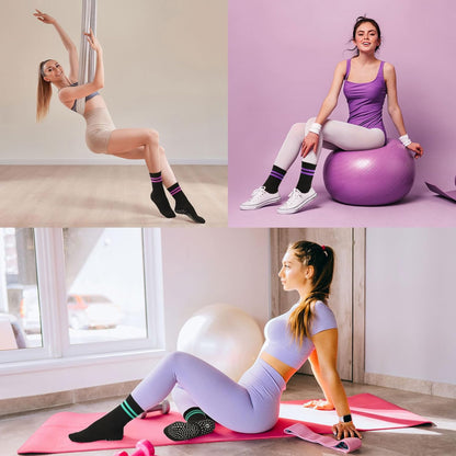 Pilates Socks for Women with Non Slip Grippers, Yoga Crew Socks for Barre Hospital Sticky Slipper Socks 4 Pairs