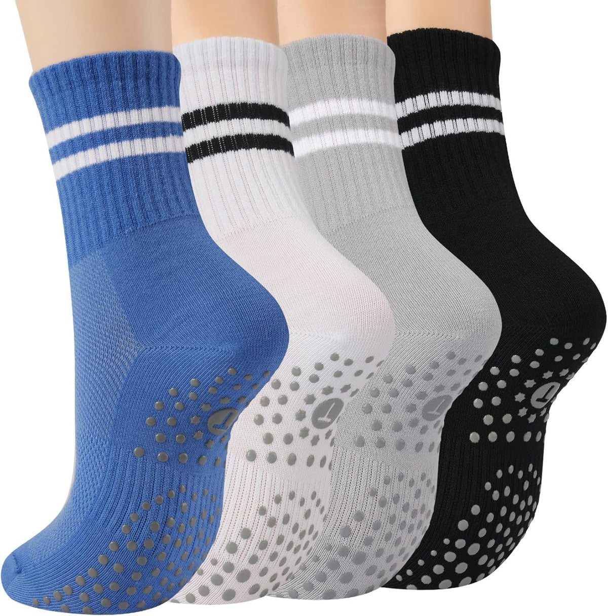 Pilates Socks for Women with Non Slip Grippers, Yoga Crew Socks for Barre Hospital Sticky Slipper Socks 4 Pairs