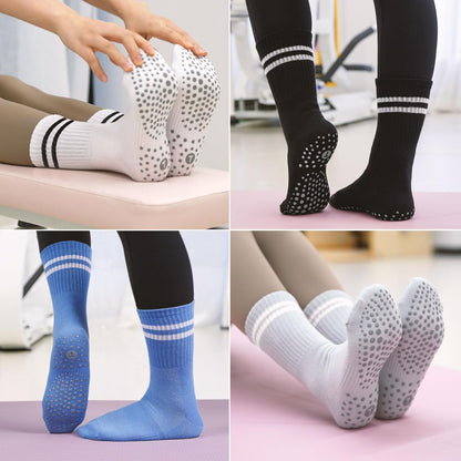 Pilates Socks for Women with Non Slip Grippers, Yoga Crew Socks for Barre Hospital Sticky Slipper Socks 4 Pairs