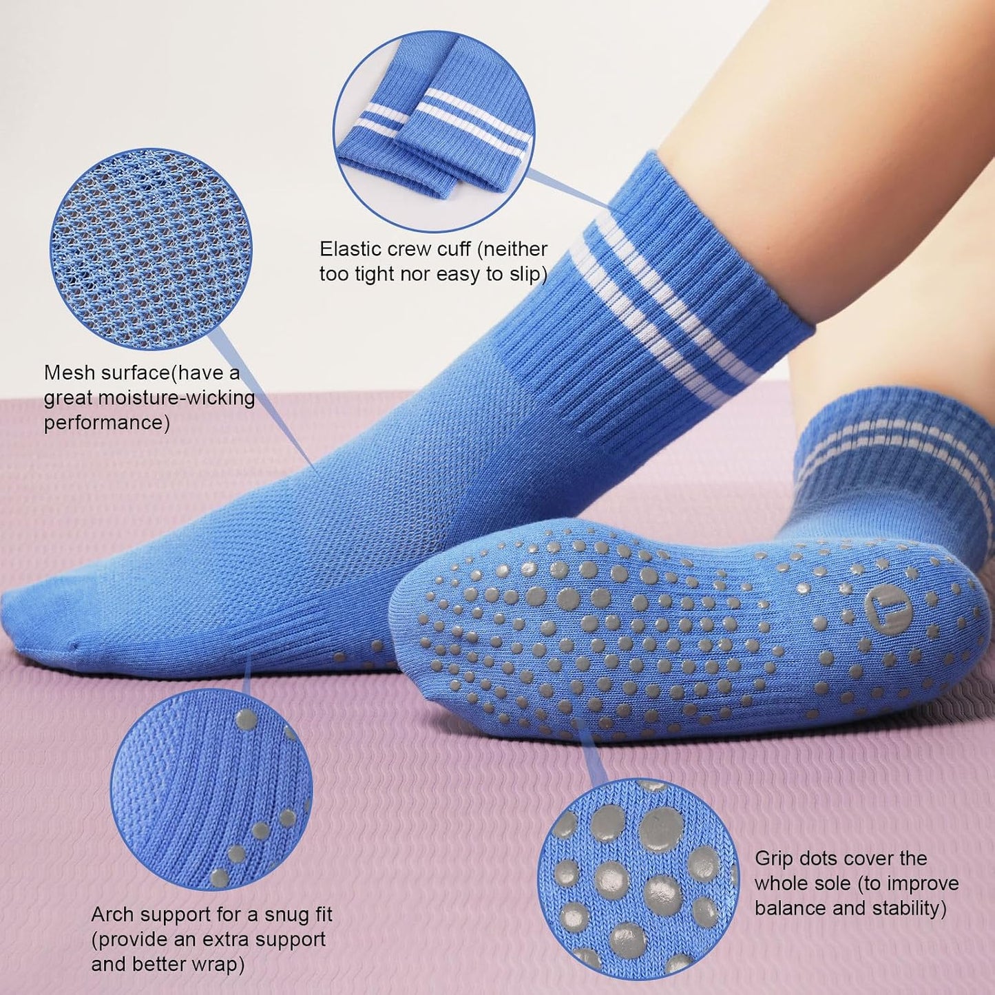 Pilates Socks for Women with Non Slip Grippers, Yoga Crew Socks for Barre Hospital Sticky Slipper Socks 4 Pairs