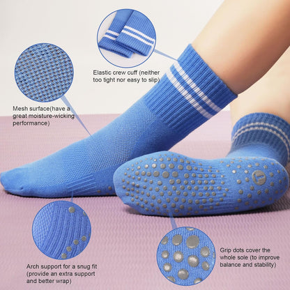 Pilates Socks for Women with Non Slip Grippers, Yoga Crew Socks for Barre Hospital Sticky Slipper Socks 4 Pairs