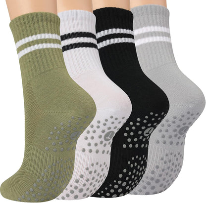 Pilates Socks for Women with Non Slip Grippers, Yoga Crew Socks for Barre Hospital Sticky Slipper Socks 4 Pairs