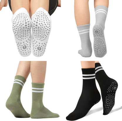 Pilates Socks for Women with Non Slip Grippers, Yoga Crew Socks for Barre Hospital Sticky Slipper Socks 4 Pairs