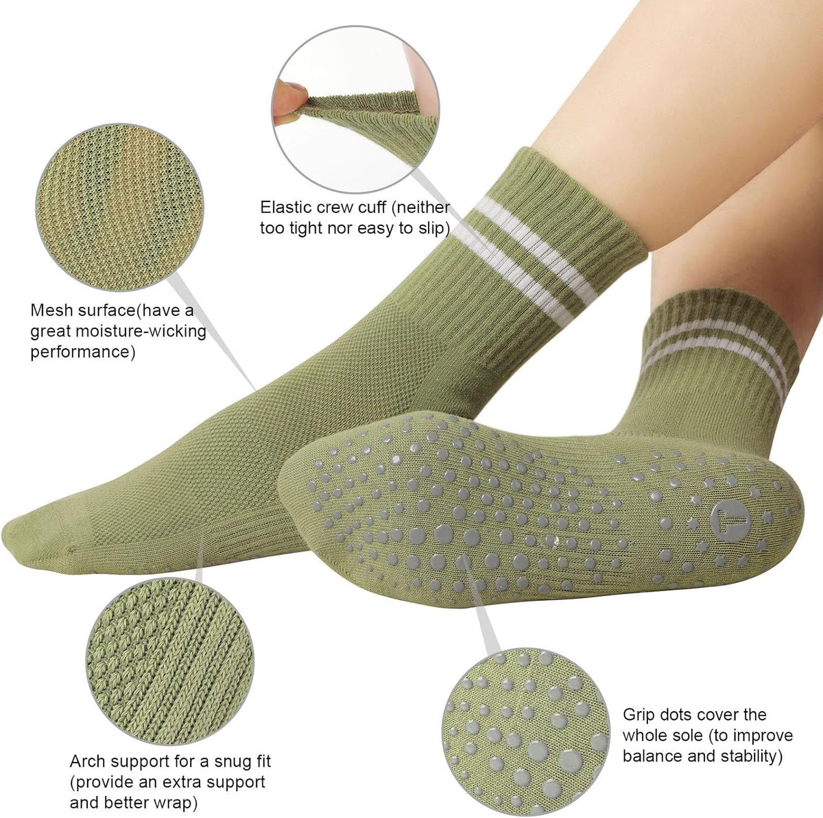 Pilates Socks for Women with Non Slip Grippers, Yoga Crew Socks for Barre Hospital Sticky Slipper Socks 4 Pairs
