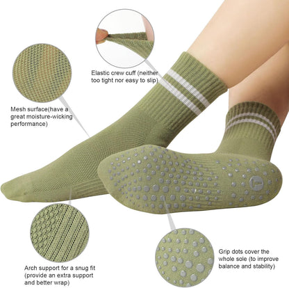 Pilates Socks for Women with Non Slip Grippers, Yoga Crew Socks for Barre Hospital Sticky Slipper Socks 4 Pairs