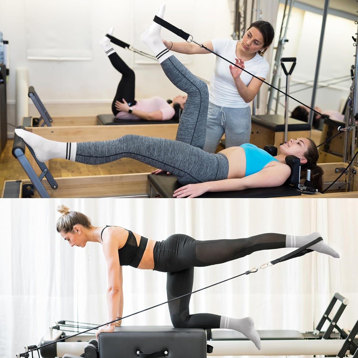 Pilates Socks for Women with Non Slip Grippers, Yoga Crew Socks for Barre Hospital Sticky Slipper Socks 4 Pairs