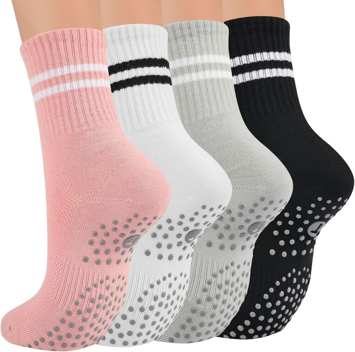 Pilates Socks for Women with Non Slip Grippers, Yoga Crew Socks for Barre Hospital Sticky Slipper Socks 4 Pairs