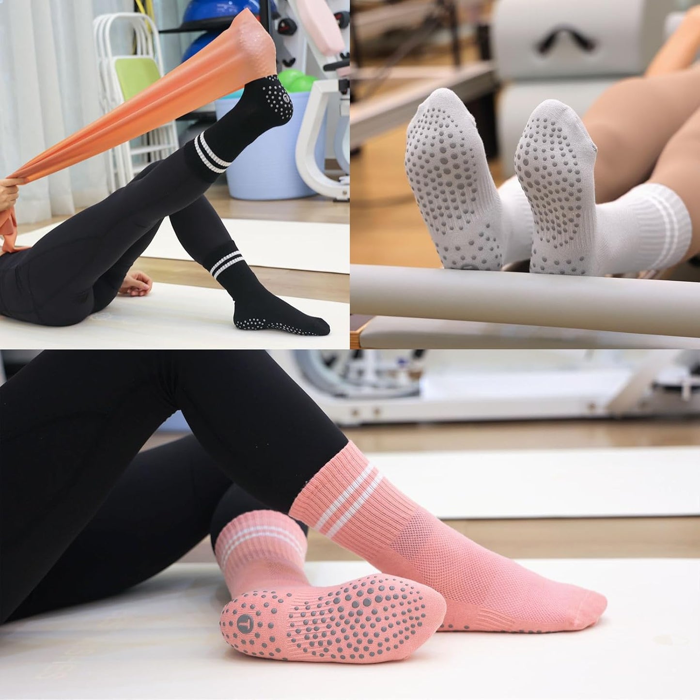 Pilates Socks for Women with Non Slip Grippers, Yoga Crew Socks for Barre Hospital Sticky Slipper Socks 4 Pairs