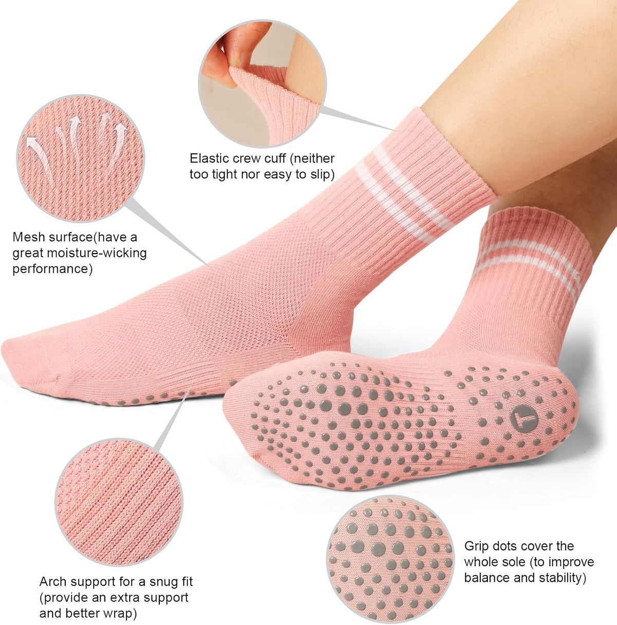 Pilates Socks for Women with Non Slip Grippers, Yoga Crew Socks for Barre Hospital Sticky Slipper Socks 4 Pairs