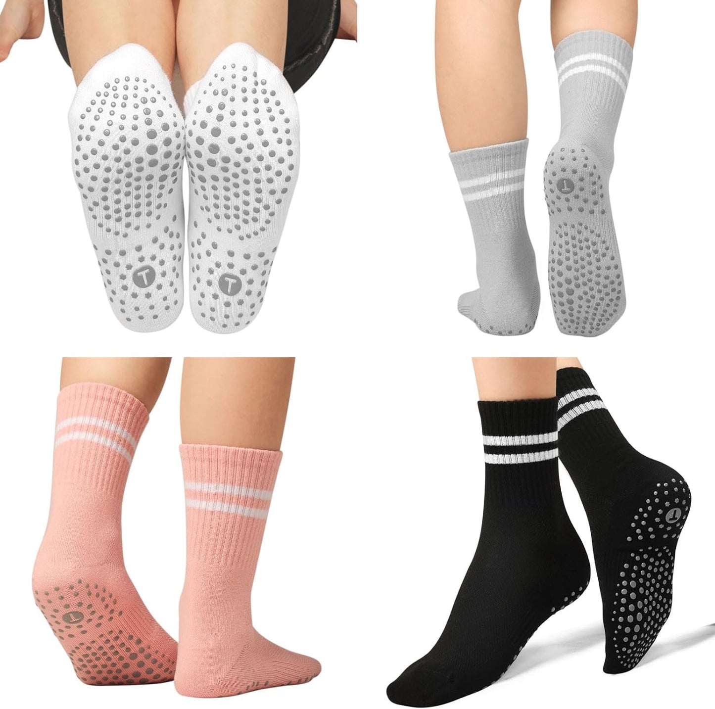Pilates Socks for Women with Non Slip Grippers, Yoga Crew Socks for Barre Hospital Sticky Slipper Socks 4 Pairs
