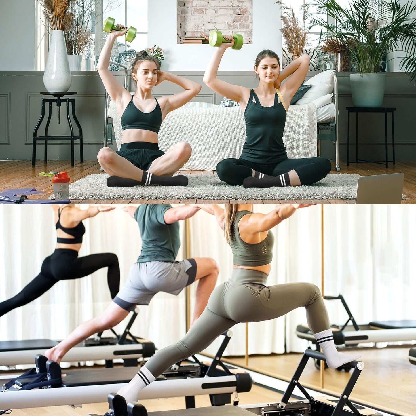 Pilates Socks for Women with Non Slip Grippers, Yoga Crew Socks for Barre Hospital Sticky Slipper Socks 4 Pairs