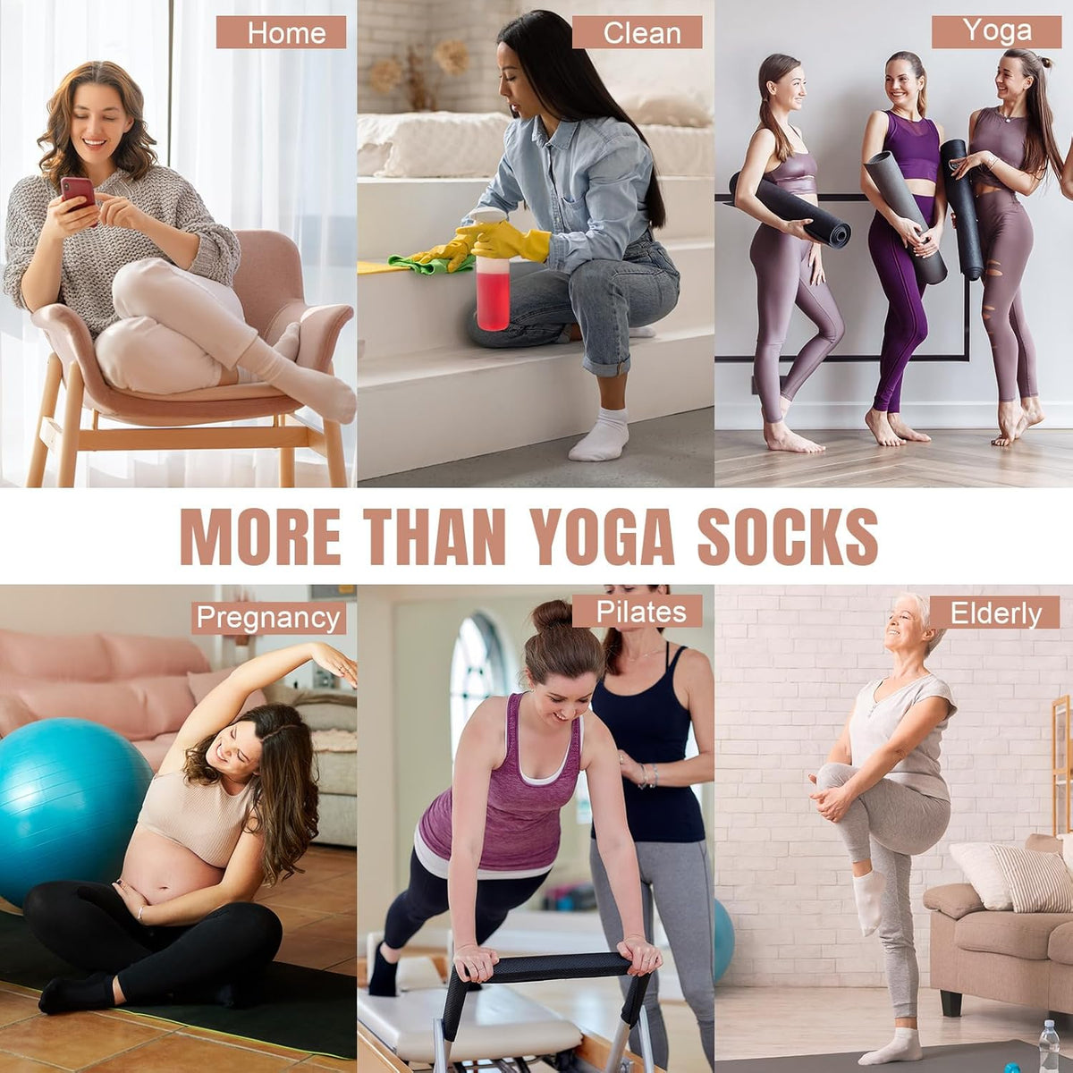 Pilates Socks for Women with Non Slip Grippers, Yoga Crew Socks for Barre Hospital Sticky Slipper Socks 4 Pairs