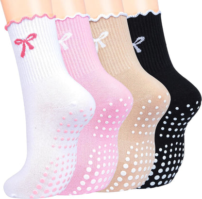 Pilates Socks for Women with Non Slip Grippers, Yoga Crew Socks for Barre Hospital Sticky Slipper Socks 4 Pairs