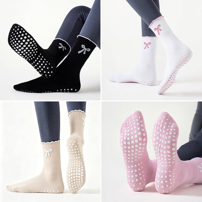 Pilates Socks for Women with Non Slip Grippers, Yoga Crew Socks for Barre Hospital Sticky Slipper Socks 4 Pairs