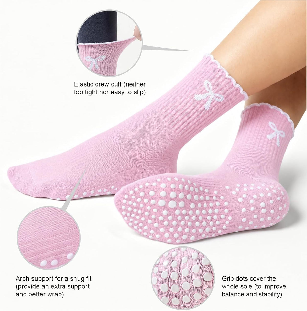 Pilates Socks for Women with Non Slip Grippers, Yoga Crew Socks for Barre Hospital Sticky Slipper Socks 4 Pairs