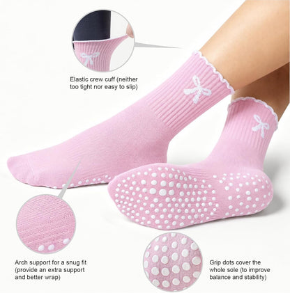 Pilates Socks for Women with Non Slip Grippers, Yoga Crew Socks for Barre Hospital Sticky Slipper Socks 4 Pairs