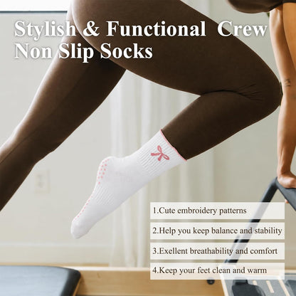 Pilates Socks for Women with Non Slip Grippers, Yoga Crew Socks for Barre Hospital Sticky Slipper Socks 4 Pairs