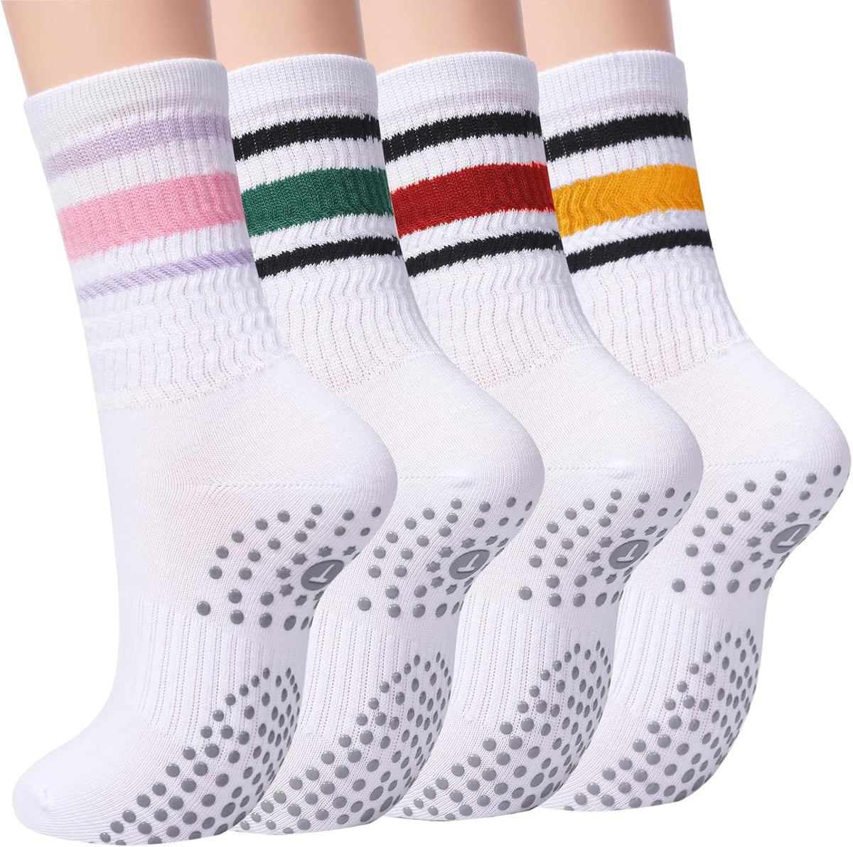 Pilates Socks for Women with Non Slip Grippers, Yoga Crew Socks for Barre Hospital Sticky Slipper Socks 4 Pairs