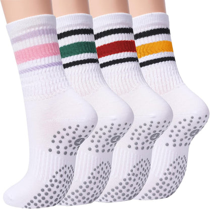 Pilates Socks for Women with Non Slip Grippers, Yoga Crew Socks for Barre Hospital Sticky Slipper Socks 4 Pairs