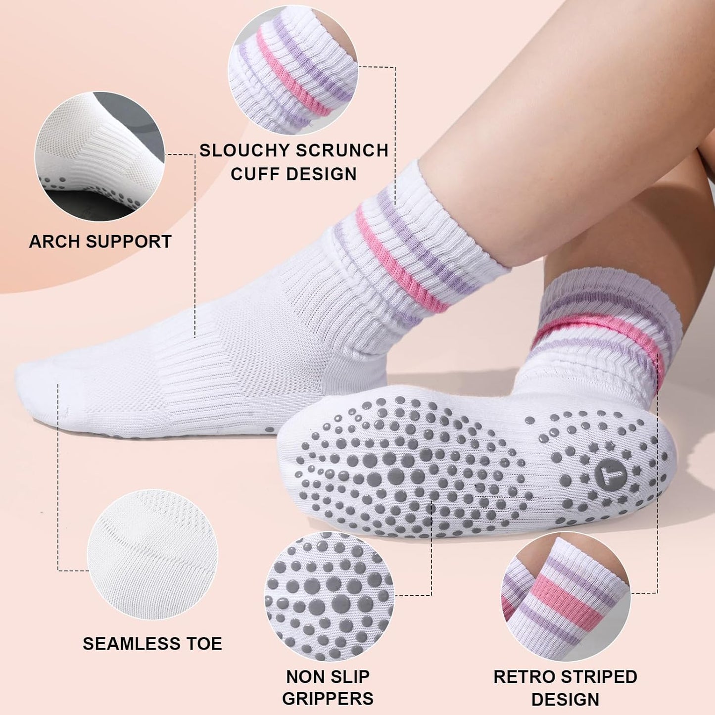 Pilates Socks for Women with Non Slip Grippers, Yoga Crew Socks for Barre Hospital Sticky Slipper Socks 4 Pairs