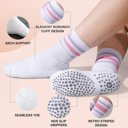 Pilates Socks for Women with Non Slip Grippers, Yoga Crew Socks for Barre Hospital Sticky Slipper Socks 4 Pairs