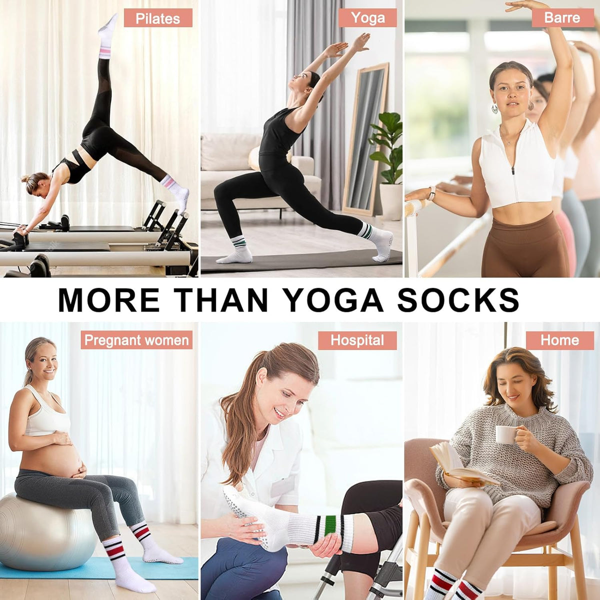 Pilates Socks for Women with Non Slip Grippers, Yoga Crew Socks for Barre Hospital Sticky Slipper Socks 4 Pairs