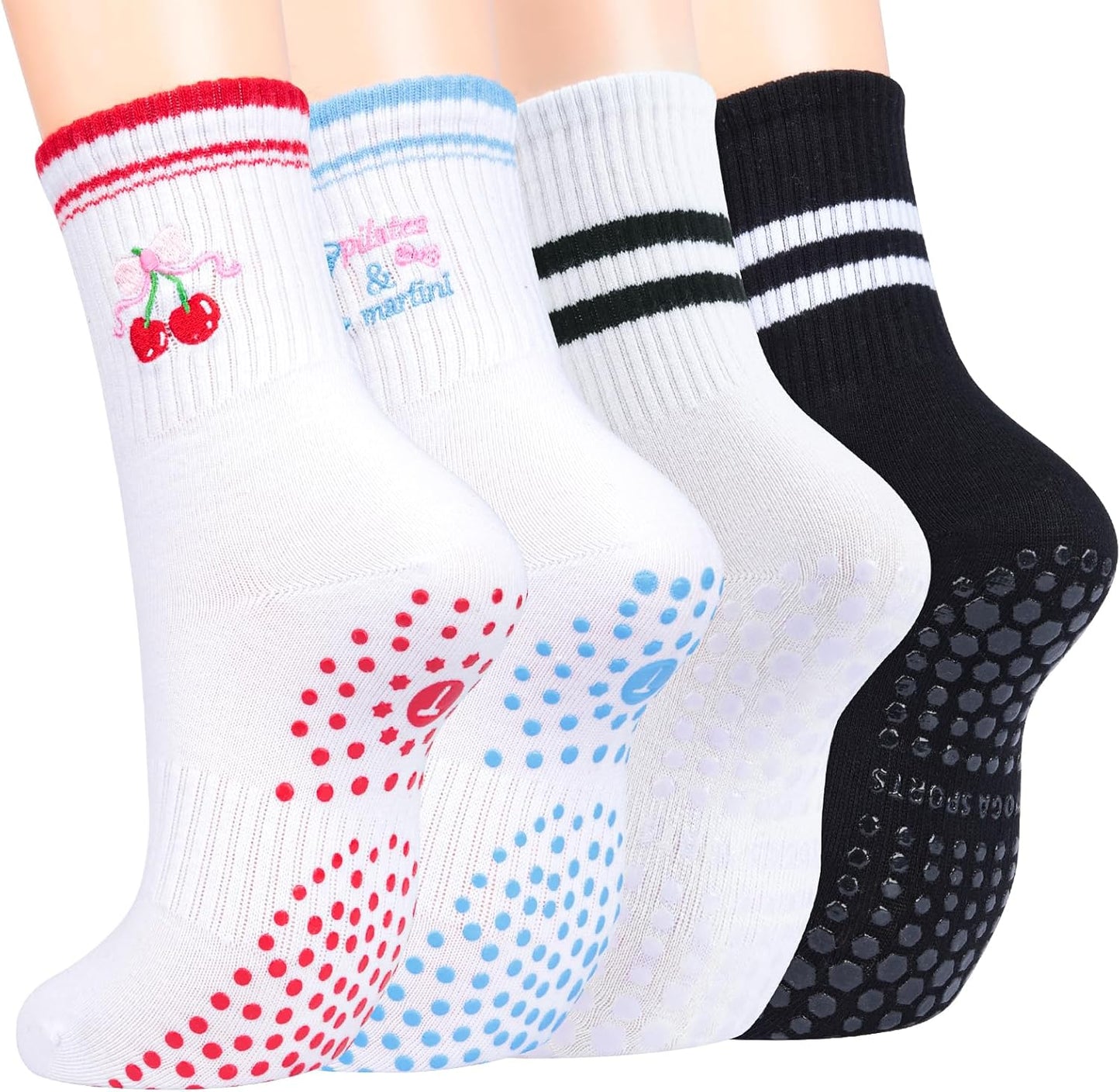 Pilates Socks for Women with Non Slip Grippers, Yoga Crew Socks for Barre Hospital Sticky Slipper Socks 4 Pairs