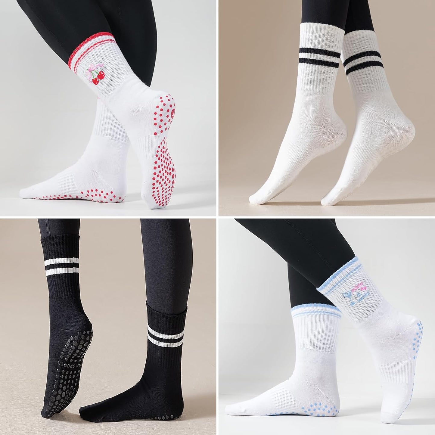 Pilates Socks for Women with Non Slip Grippers, Yoga Crew Socks for Barre Hospital Sticky Slipper Socks 4 Pairs