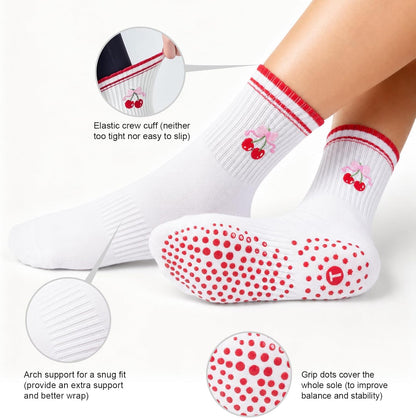 Pilates Socks for Women with Non Slip Grippers, Yoga Crew Socks for Barre Hospital Sticky Slipper Socks 4 Pairs