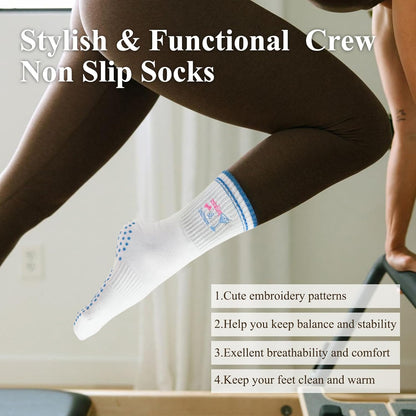 Pilates Socks for Women with Non Slip Grippers, Yoga Crew Socks for Barre Hospital Sticky Slipper Socks 4 Pairs