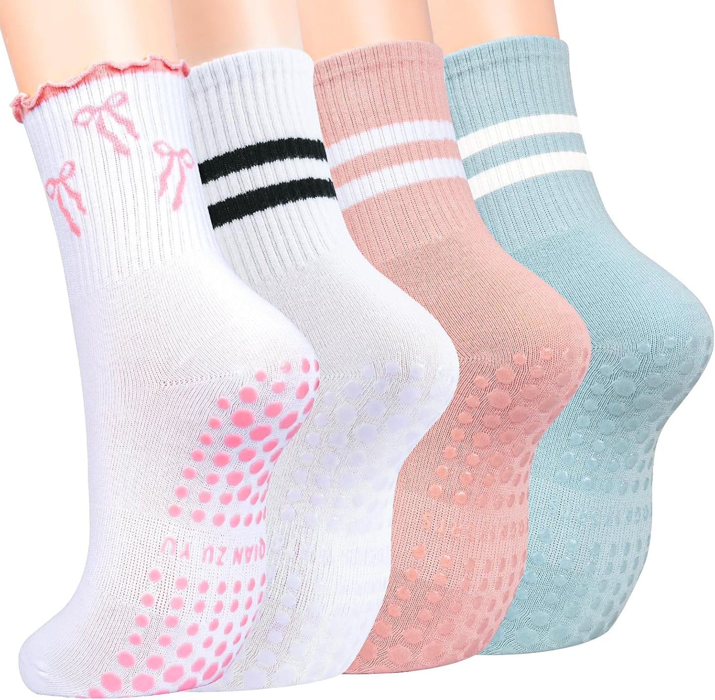Pilates Socks for Women with Non Slip Grippers, Yoga Crew Socks for Barre Hospital Sticky Slipper Socks 4 Pairs