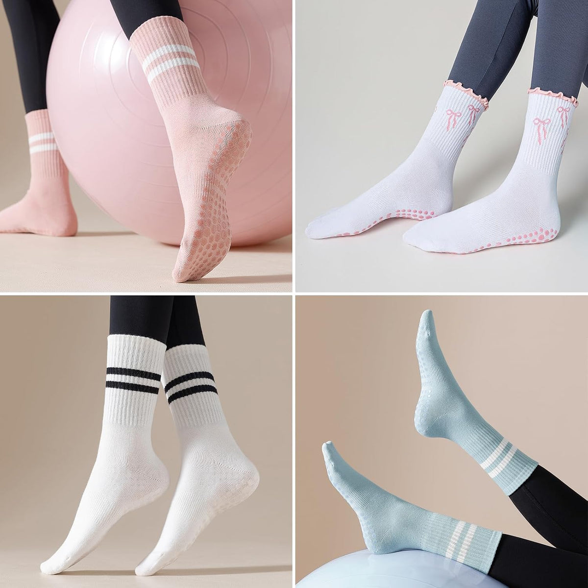Pilates Socks for Women with Non Slip Grippers, Yoga Crew Socks for Barre Hospital Sticky Slipper Socks 4 Pairs