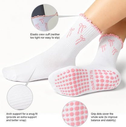 Pilates Socks for Women with Non Slip Grippers, Yoga Crew Socks for Barre Hospital Sticky Slipper Socks 4 Pairs