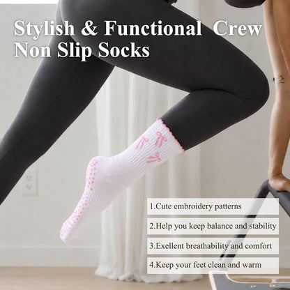 Pilates Socks for Women with Non Slip Grippers, Yoga Crew Socks for Barre Hospital Sticky Slipper Socks 4 Pairs