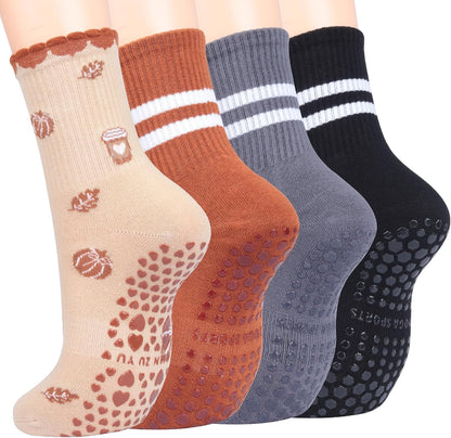 Pilates Socks for Women with Non Slip Grippers, Yoga Crew Socks for Barre Hospital Sticky Slipper Socks 4 Pairs