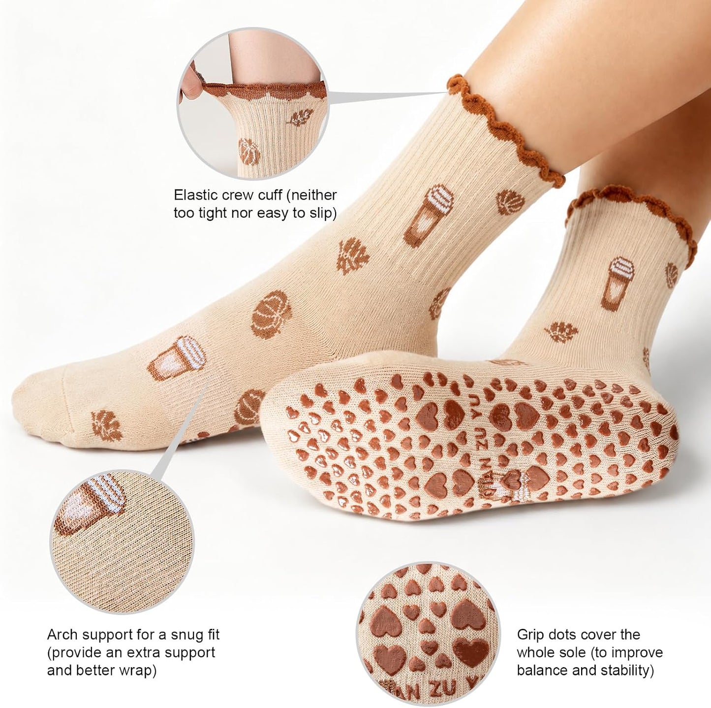 Pilates Socks for Women with Non Slip Grippers, Yoga Crew Socks for Barre Hospital Sticky Slipper Socks 4 Pairs